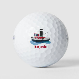 Cute fishing trawler boat cartoon illustration golf balls