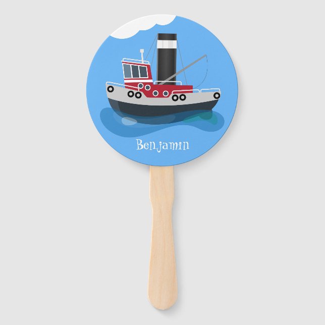 Cute fishing trawler boat cartoon illustration hand fan (Front)