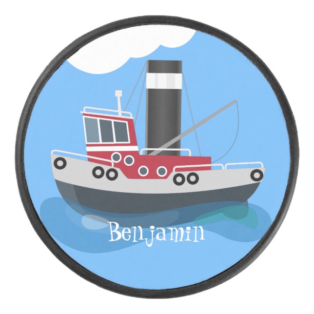 Cute fishing trawler boat cartoon illustration hockey puck (Front)