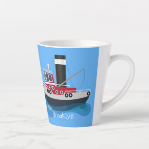 Cute fishing trawler boat cartoon illustration latte mug