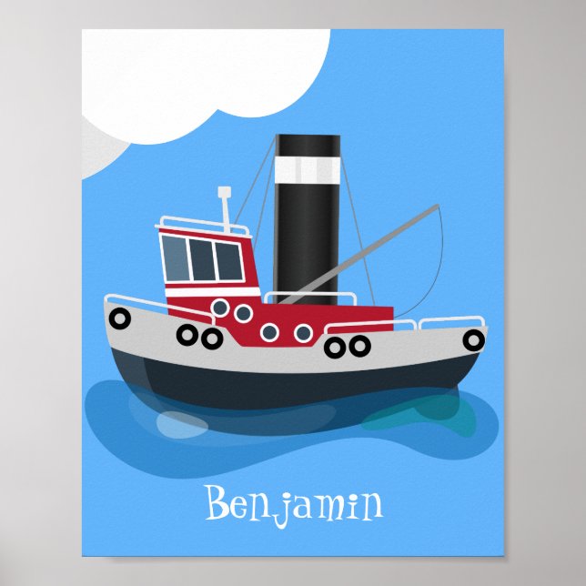 Cute fishing trawler boat cartoon illustration poster (Front)