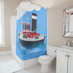 Cute fishing trawler boat cartoon illustration shower curtain