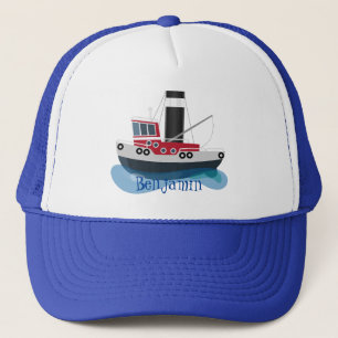 Cute fishing trawler boat cartoon illustration trucker hat