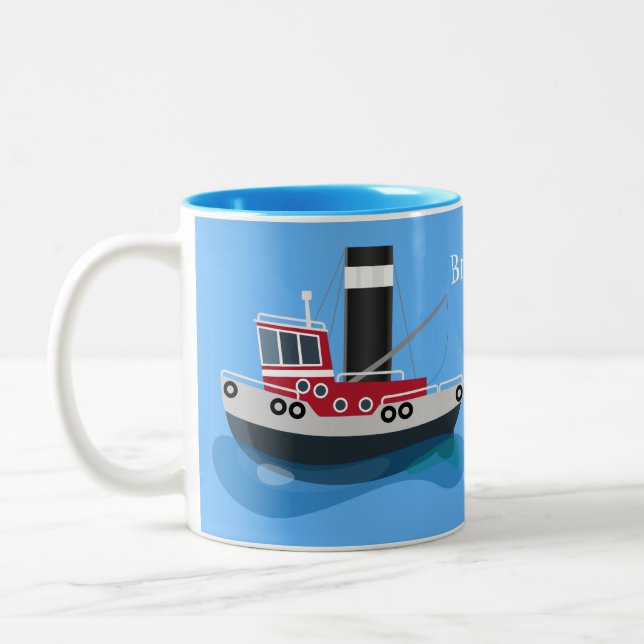Cute fishing trawler boat cartoon illustration Two-Tone coffee mug (Left)