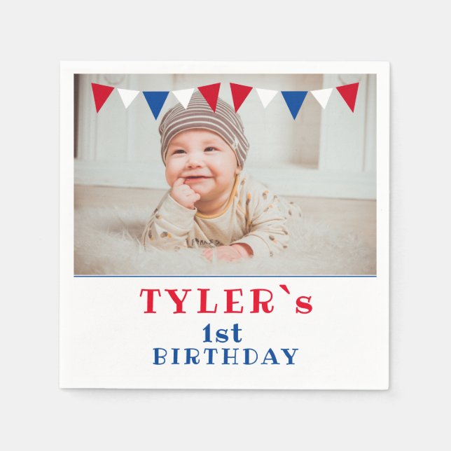 Cute Flags 1st Birthday Photo Birthday Party Napkin (Front)