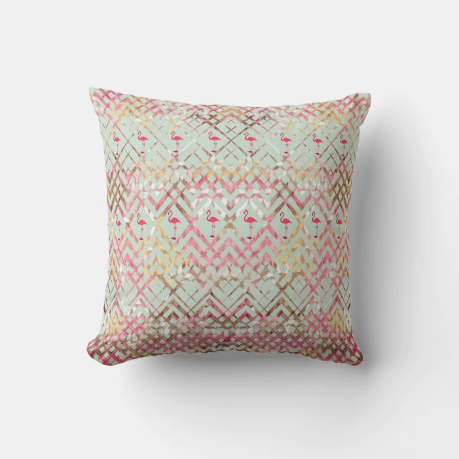 Cute Flamingo Abstract Pink Green Zigzaga Pattern Cushion (Front)