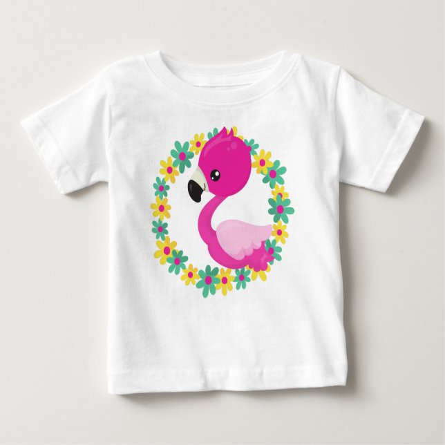 Cute Flamingo, Baby Flamingo, Bird, Flowers Baby T-Shirt (Front)