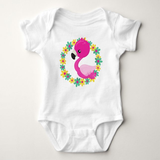 Cute Flamingo, Baby Flamingo, Bird, Flowers Bodysuit (Front)