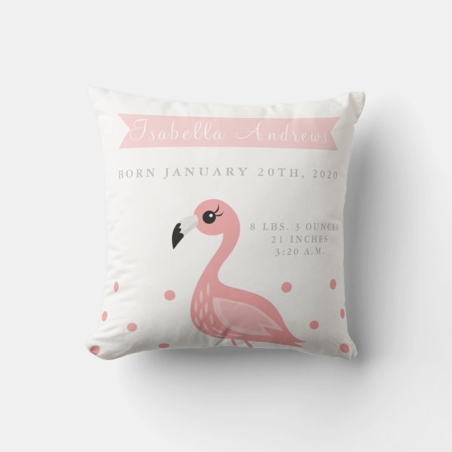 Cute Flamingo Birth Announcement Nursery Pillow (Front)