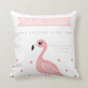 Cute Flamingo Birth Announcement Nursery Pillow