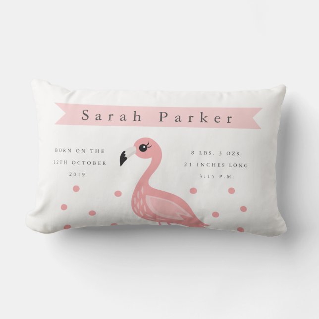 Cute Flamingo Birth Announcement Nursery Pillow (Front)