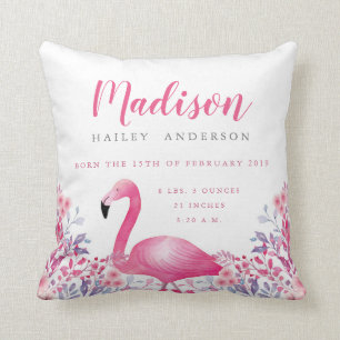 Cute Flamingo Birth Announcement Nursery Pillow
