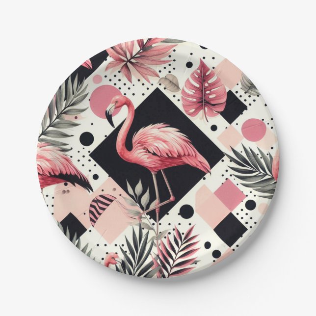 Cute Flamingo Geometric Paper Plate (Front)