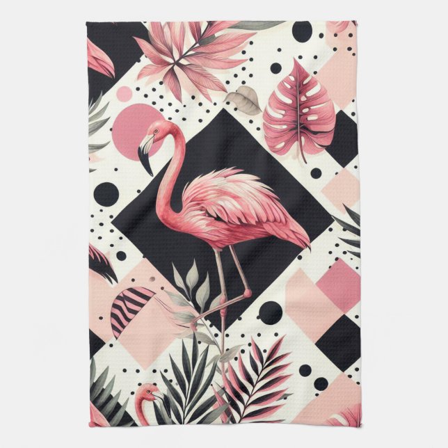 Cute Flamingo Geometric Tea Towel (Vertical)
