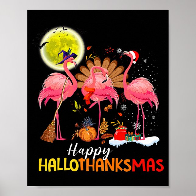 Cute Flamingo HalloThanksmas Happy Halloween Thank Poster (Front)