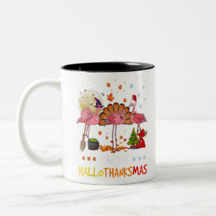 Cute Flamingo HalloThanksmas Happy Halloween Thank Two-Tone Coffee Mug