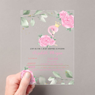 Cute Flamingo, Leaves, Floral Baby Shower Acrylic Invitations