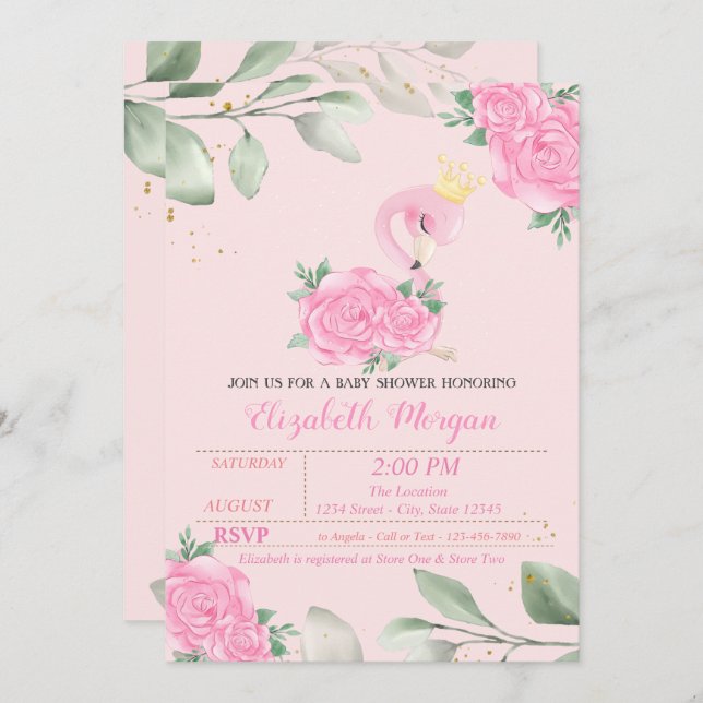 Cute Flamingo, Leaves, Floral Baby Shower Invitation (Front/Back)