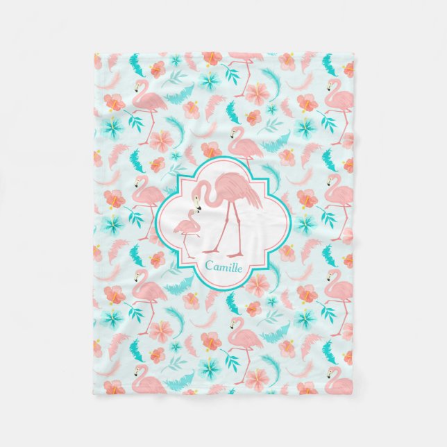 Cute Flamingo Mum and Baby Pattern Fleece Blanket (Front)