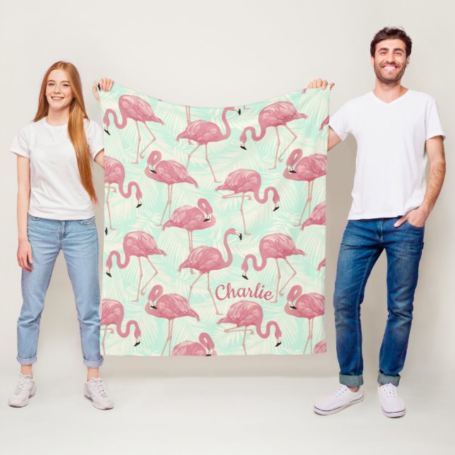 Cute Flamingo pattern custom name fleece blanket (In Situ)