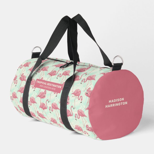 Cute Flamingo pattern custom name & text Duffle Bag (Left Corner)