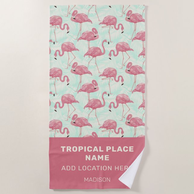 Cute Flamingo pattern custom text Beach Towel (Front)