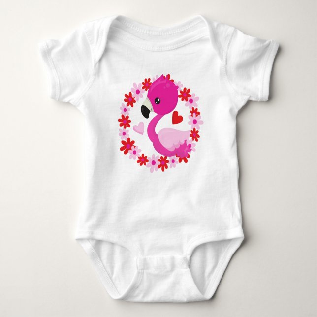 Cute Flamingo, Pink Flamingo, Bird, Flowers, Heart Baby Bodysuit (Front)