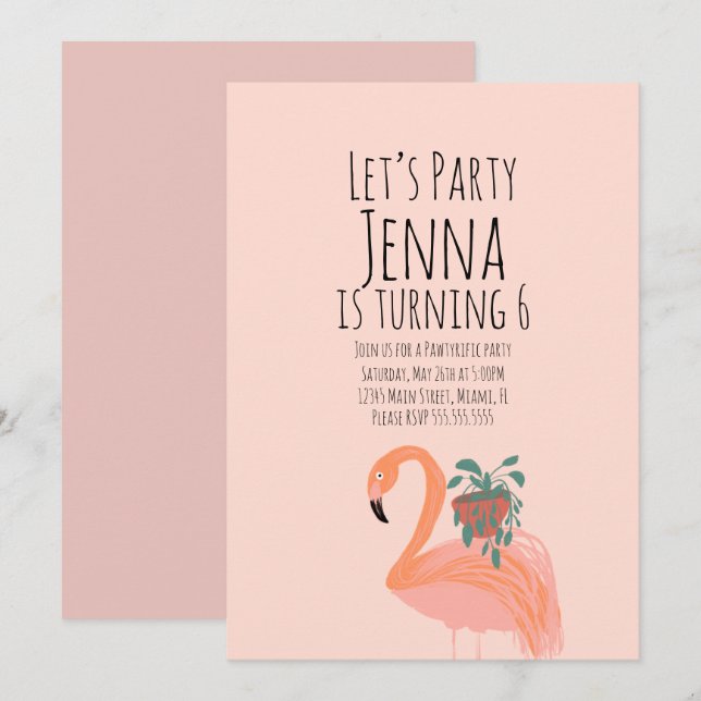 Cute Flamingo Plant Birthday  Party Pink Invitation (Front/Back)