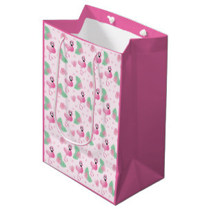 Cute Flamingo Tropical Leaf Flowers Pattern Pink Medium Gift Bag