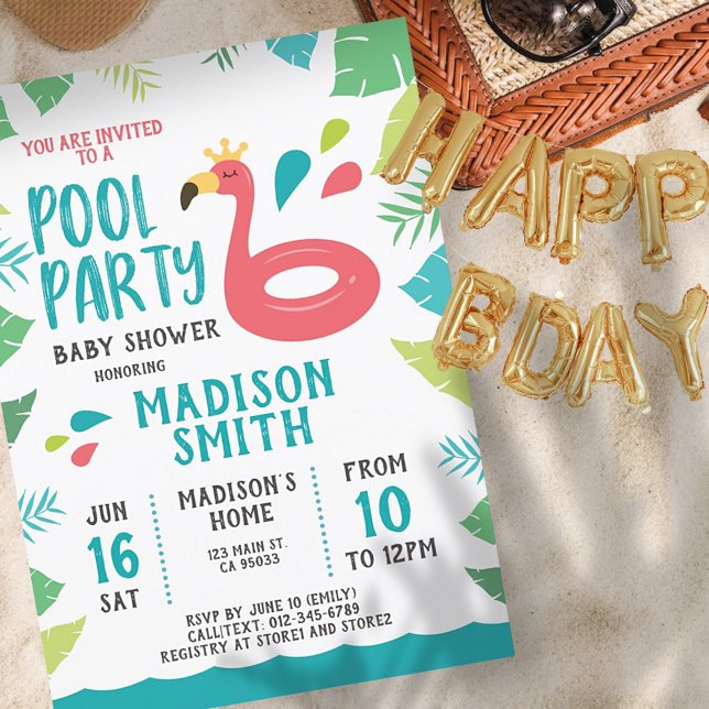 Cute Flamingo Tropical  Pool Party Baby Shower Invitation (Creator Uploaded)