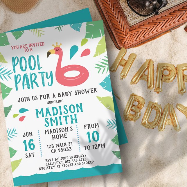 Cute Flamingo Tropical  Pool Party Baby Shower Invitation (Creator Uploaded)