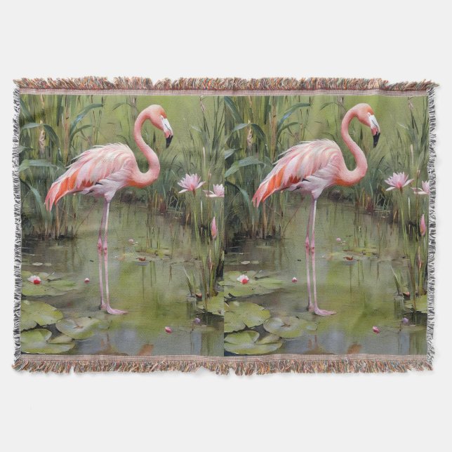 Cute Flamingo Water Lilies And Reeds Oil Painting, Throw Blanket (Front)