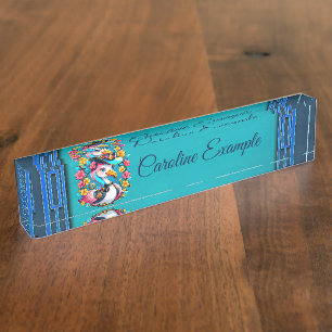 Cute flamingo with a colourful summer hat nameplate