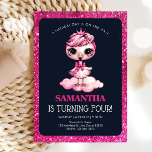 Cute flamingo with crown birthday invitation