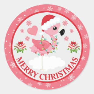 Cute Flamingo with Lights Merry Christmas Classic Round Sticker