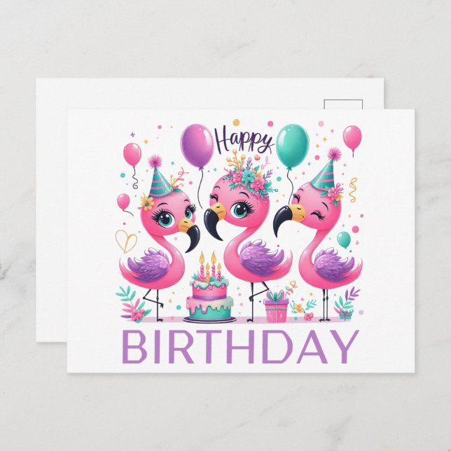 Cute flamingoes happy birthday postcards (Front/Back)