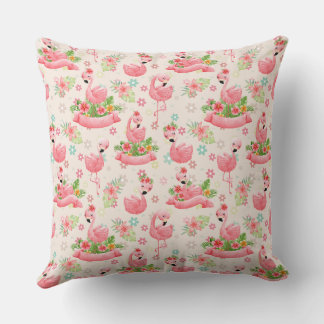 Cute flamingos and tropical flowers cushion