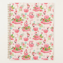 Cute flamingos and tropical flowers