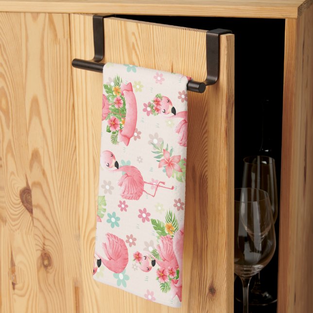 Cute flamingos and tropical flowers tea towel (Thirds Fold)