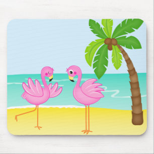 Cute Flamingos Beach Scene with Palm Tree Mouse Pad