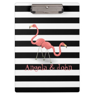 Cute Flamingos, Black, White Stripes Personalised Clipboard
