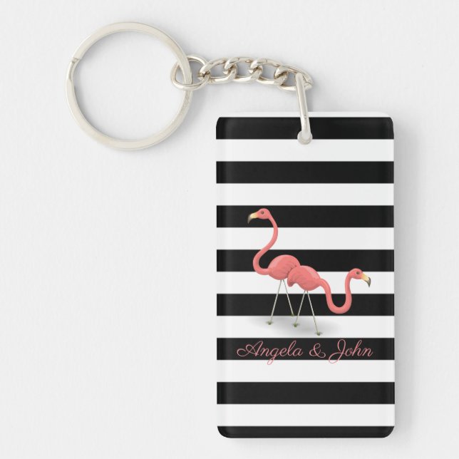 Cute Flamingos, Black, White Stripes Personalised Key Ring (Front)