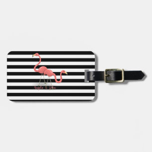 Cute Flamingos, Black, White Stripes Personalised Luggage Tag