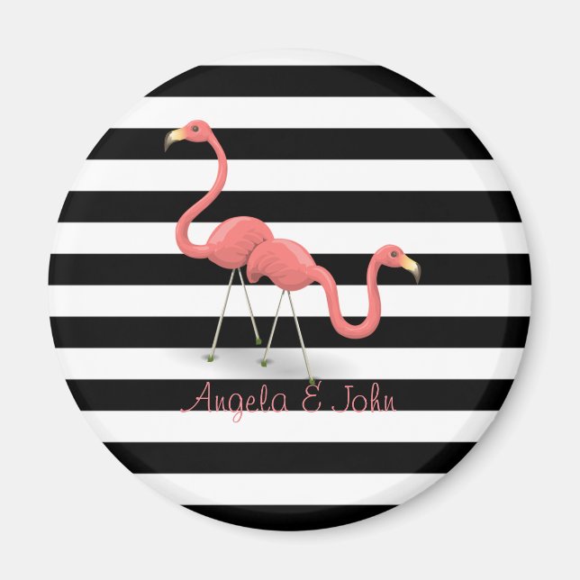 Cute Flamingos, Black, White Stripes Personalised Magnet (Front)