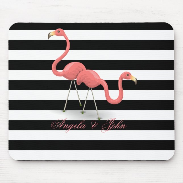 Cute  Flamingos, Black, White Stripes Personalised Mouse Pad (Front)