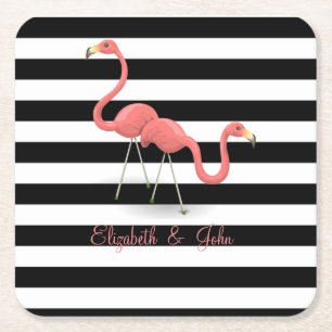 Cute Flamingos ,Black White Stripes,Personalised Square Paper Coaster