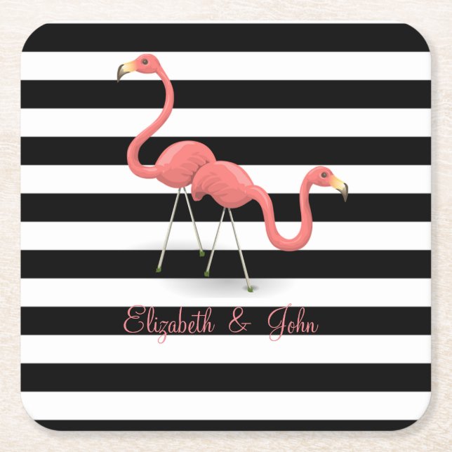 Cute Flamingos ,Black White Stripes,Personalised Square Paper Coaster (Front)