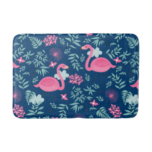 Cute Flamingos & Flowers On Navy Blue Background Bath Mat