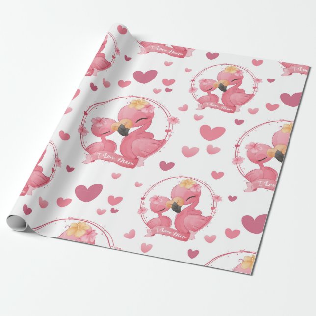 Cute Flamingos I Love Mama Wrapping Paper (Unrolled)