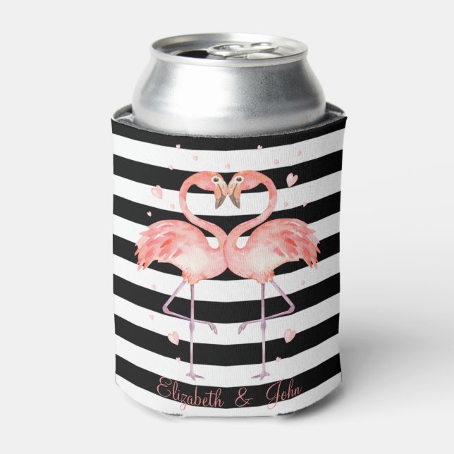 Cute Flamingos In Love,Black White Stripes    Can Cooler (Can Front)